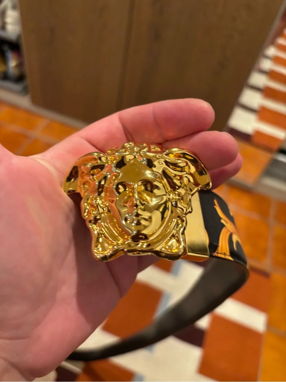 Versace Gold Medusa Buckle Black Ribbon Belt with Baroque Motif